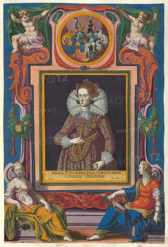 Members of the famous Augsburg Fugger family, Maria Fugger, born 17 July 1594, died 22 March 1635, daughter of Christoph Fugger (1566 - 1615), Baron of Kirchberg and Weißenhorn, and his woman Maria von Schwarzenberg (1572 - 1622), authentic reproduction from Fuggerorum et Fuggerarum imagines, a collection of coloured engravings created in the late 16th and early 17th century and made by Dominicus Custos, historical
