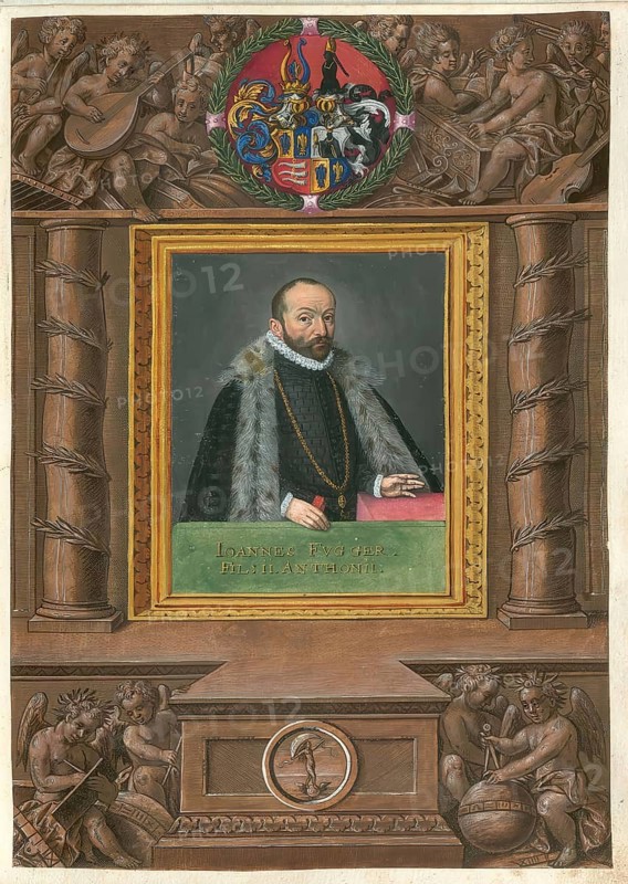 Members of the famous Augsburg Fugger family, In the history of the Fugger family, Johannes Fugger usually refers to Hans Fugger (1531 - 1598), who was an important son of Anton Fugger, authentic reproduction from Fuggerorum et Fuggerarum imagines, a collection of coloured engravings produced in the late 16th and early 17th century by Dominicus Custos, historical