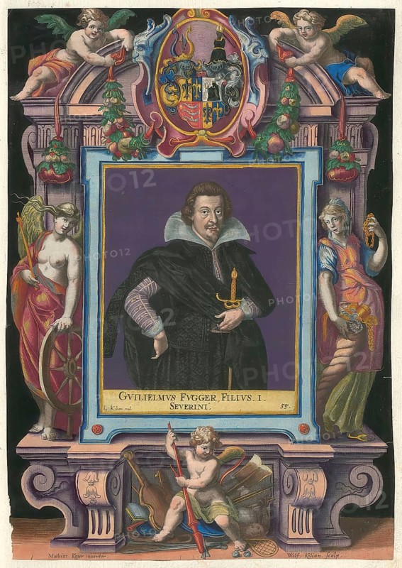 Members of the famous Augsburg Fugger family, Guilielmus Fugger, Wilhelm Fugger, 1585 to 1659, a son of Severin Freiherr von Fugger (1551 - 1601), authentic reproduction from Fuggerorum et Fuggerarum imagines, a collection of coloured engravings created in the late 16th and early 17th century and produced by Dominicus Custos, historical