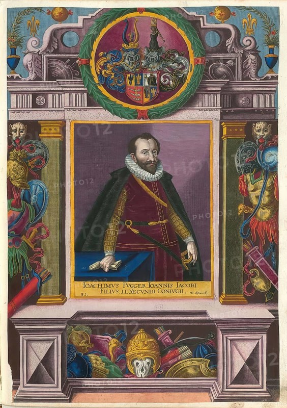 Members of the famous Fugger family in Augsburg, Joachim Fugger was a member of the Fugger from the Lily line. He was the son of Johann Jakob Fugger and his second woman Ursula von Harrach, authentic reproduction from Fuggerorum et Fuggerarum imagines, a collection of colored copper engravings created in the late 16th and early 17th century and made by Dominicus Custos, historical