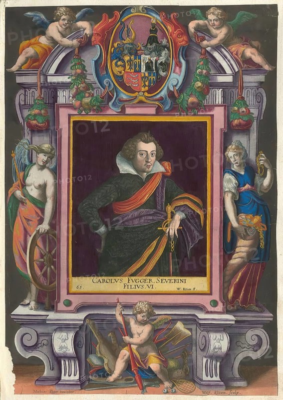 Members of the famous Fugger family in Augsburg, Carolus Fugger, also Count Karl Fugger, 1597 to 1662), son of Severin Fugger, authentic reproduction from Fuggerorum et Fuggerarum imagines, a collection of colored copper engravings created in the late 16th and early 17th century and made by Dominicus Custos, historical