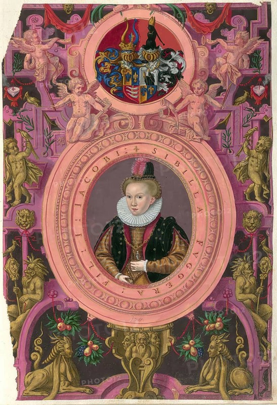 Members of the famous Augsburg Fugger family, Sibylla Fugger (1572 to 1616), also known as Sybilla Countess Fugger von Nordendorf, authentic reproduction from Fuggerorum et Fuggerarum imagines, a collection of coloured engravings made in the late 16th and early 17th century by Dominicus Custos, historical