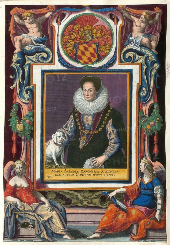 Members of the famous Augsburg Fugger family, Maria Salome Fugger (? -1625) née von Königsegg, German baroness, second woman of Marx Fugger, authentic reproduction from Fuggerorum et Fuggerarum imagines, a collection of coloured engravings created in the late 16th and early 17th century and made by Dominicus Custos, historical