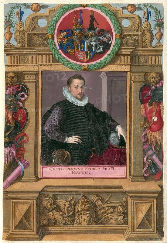 Members of the famous Augsburg Fugger family, Christoph Fugger, also Christopherus, (1566 to 1615), Baron of Kirchberg and Weißenhorn, councillor in Augsburg and chamberlain of Dukes Wilhelm V and Maximilian I of Bavaria and Archduke Maximilian of Austria, son of Johann Fugger, authentic reproduction from Fuggerorum et Fuggerarum imagines, a collection of coloured engravings created in the late 16th and early 17th century and produced by Dominicus Custos, historical