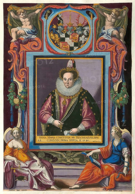 Members of the famous Augsburg Fugger family, Anna Maria Comitissa ab Hochenzollern, Anna Maria Fugger v. Hohenzollern-Sigmaringen (1573 - 15989, authentic reproduction from Fuggerorum et Fuggerarum imagines, a collection of coloured engravings created in the late 16th and early 17th century and made by Dominicus Custos, historically