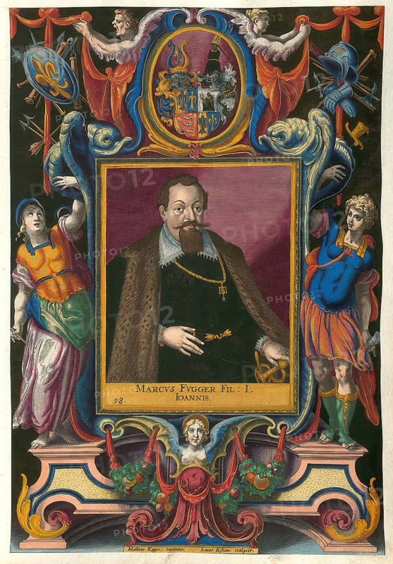 Members of the famous Augsburg Fugger family, Markus, Marx, Fugger (1564 - 1614), son of Johann Fugger (1531 - 1598), also known as Hans Fugger, Baron of Kirchberg and Weissenhorn, authentic reproduction from Fuggerorum et Fuggerarum imagines, a collection of coloured engravings created in the late 16th and early 17th century and made by Dominicus Custos, historical