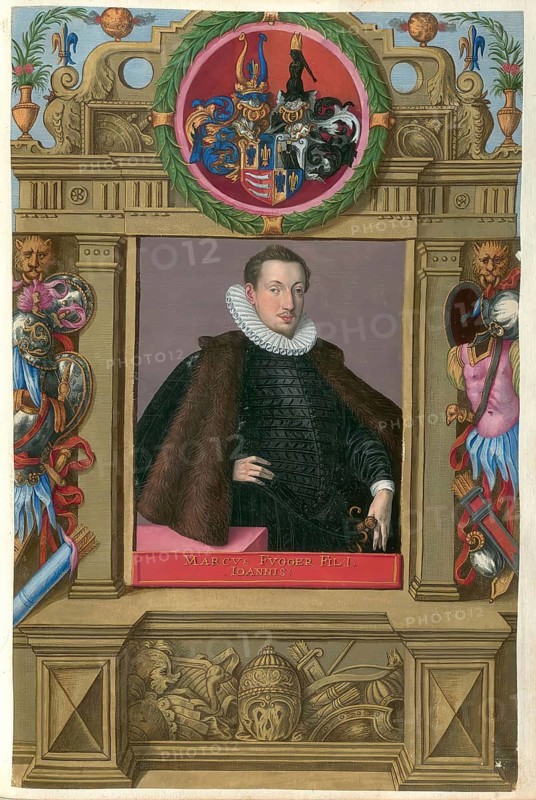 Markus Fugger (1564 - 1614), son of Johann Fugger (1531 - 1598), was a member of the famous Augsburg Fugger family. In 1584 he entered the court service of Archduke Ernst of Austria and became chamberlain. In 1588 he moved to the Imperial Chamber Court, of which he was president from 1589 to 1594. He was also an imperial and ducal Bavarian councillor and curator of Landsberg, authentic reproduction from Fuggerorum et Fuggerarum imagines, a collection of coloured engravings produced in the late 16th and early 17th centuries by Dominicus Custos, historical