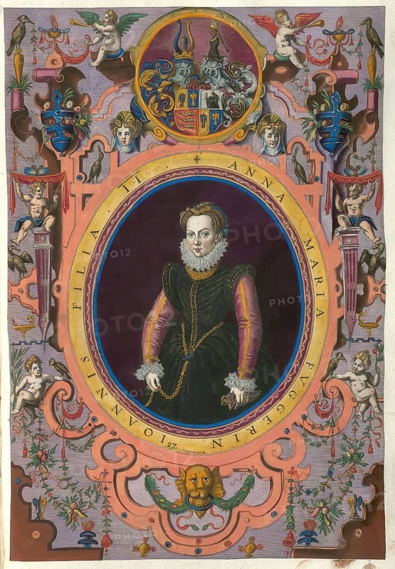 Members of the famous Augsburg-based Fugger family, Fugger, Anna Maria Fugger, born 1563, died 1592, authentic reproduction from Fuggerorum et Fuggerarum imagines, a collection of colored copper engravings created in the late 16th and early 17th century and made by Dominicus Custos