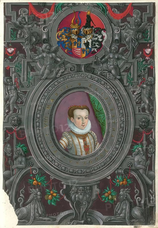 Elisabeth Fugger (1570 - 1596), a member of the famous Augsburg Fugger family, is listed in genealogical sources as the daughter of Markus Fugger (1529 - 1597), authentic reproduction from Fuggerorum et Fuggerarum imagines, a collection of coloured engravings produced in the late 16th and early 17th century by Dominicus Custos, historical