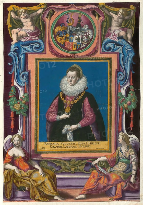 Members of the famous Augsburg Fugger family, Barbara Fugger (née Bäsinger, born 4 May 1419 in Augsburg, died 23 July 1497 in Augsburg) was an important German businesswoman and banker of the 15th century, authentic reproduction from Fuggerorum et Fuggerarum imagines, a collection of coloured engravings created in the late 16th and early 17th century and made by Dominicus Custos, historical