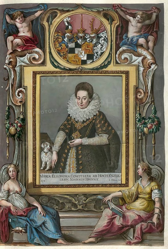 Members of the famous Augsburg Fugger family, Maria Eleonora Countess of Hohenzollern (1586 - 1668), married to Johann the Elder, Fugger, Count of Kirchberg and Weissenhorn, authentic reproduction from Fuggerorum et Fuggerarum imagines, a collection of coloured engravings created in the late 16th and early 17th century and made by Dominicus Custos, historical