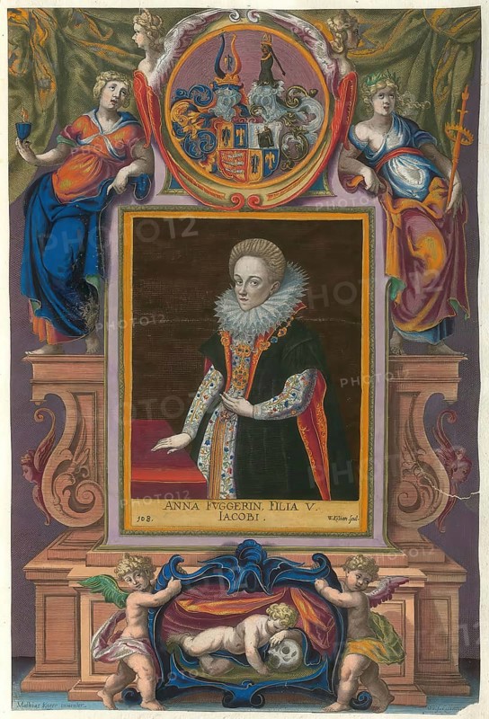 Members of the famous Augsburg Fugger family, Anna Countess Fugger (1582 - 1633), daughter of Jakob III Fugger, authentic reproduction from Fuggerorum et Fuggerarum imagines, a collection of coloured engravings created in the late 16th and early 17th century and produced by Dominicus Custos, historical