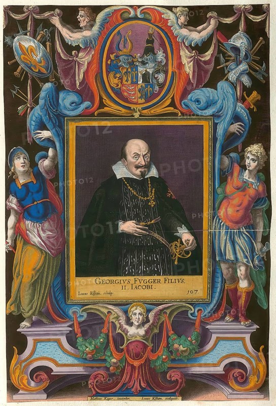 Members of the famous Augsburg Fugger family, Georg Fugger (1453 - 1506), merchant, married to Regina Imhoff, son of Jakob Fugger the Elder, authentic reproduction from Fuggerorum et Fuggerarum imagines, a collection of coloured engravings created in the late 16th and early 17th century and made by Dominicus Custos, historical