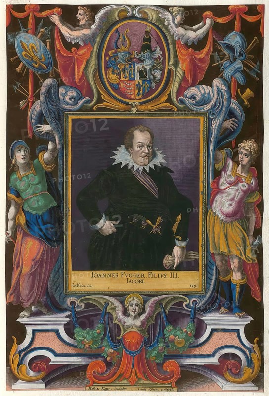 Johann Count Fugger the Elder, also known as Hans (born 1 June 1583, died 28 April 1633 in Telfs), a member of the famous Fugger family from Augsburg, was a merchant and landowner as well as lord of Babenhausen Castle and Boos, son of Jacob III. Fugger, authentic reproduction from Fuggerorum et Fuggerarum imagines, a collection of coloured engravings created in the late 16th and early 17th century and made by Dominicus Custos, historical