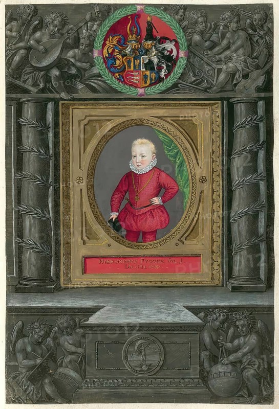 Members of the famous Augsburg Fugger family, Hieronymus Fugger was a merchant and lord of Wellenburg and Rettenbach. He was a son of Jakob III Fugger (1542 - 1598) and his wife Anna Ilsung von Tratzberg, authentic reproduction from Fuggerorum et Fuggerarum imagines, a collection of coloured engravings made in the late 16th and early 17th century by Dominicus Custos, historical