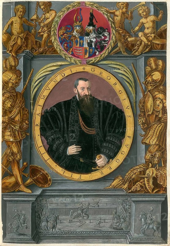 Members of the famous Augsburg Fugger family, Georg Fugger (1518 - 1569), a son of Raymund, Raimund, Fugger and his woman Katharina Thurzo, authentic reproduction from Fuggerorum et Fuggerarum imagines, a collection of coloured engravings created in the late 16th and early 17th century and made by Dominicus Custos, historical