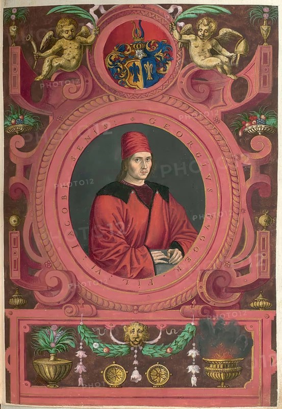 Members of the famous Augsburg Fugger family, Georg Fugger von der Lilie (born 1453 in Augsburg, died 1506 in Augsburg) was a German merchant of the Fugger family, authentic reproduction from Fuggerorum et Fuggerarum imagines, a collection of coloured engravings made in the late 16th and early 17th century by Dominicus Custos, historical