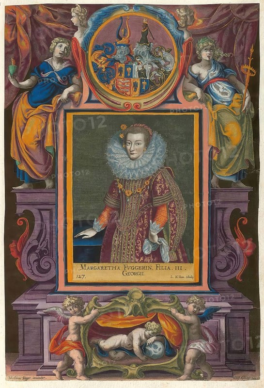 Members of the famous Augsburg-based Fugger family, Margareta Fugger, 1592 to 1652, daughter of Georg Fugger, Countess, authentic reproduction from Fuggerorum et Fuggerarum imagines, a collection of colored copper engravings created in the late 16th and early 17th century and made by Dominicus Custos, historical