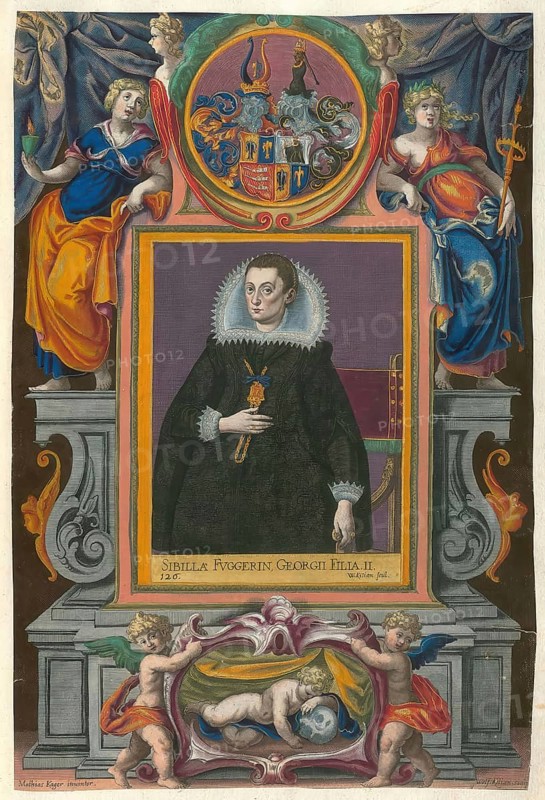 Members of the famous Augsburg Fugger family, Sibylla Fugger (1572 - 1616), daughter of Georg Fugger von der Lilie, authentic reproduction from Fuggerorum et Fuggerarum imagines, a collection of coloured engravings made in the late 16th and early 17th century by Dominicus Custos, historical