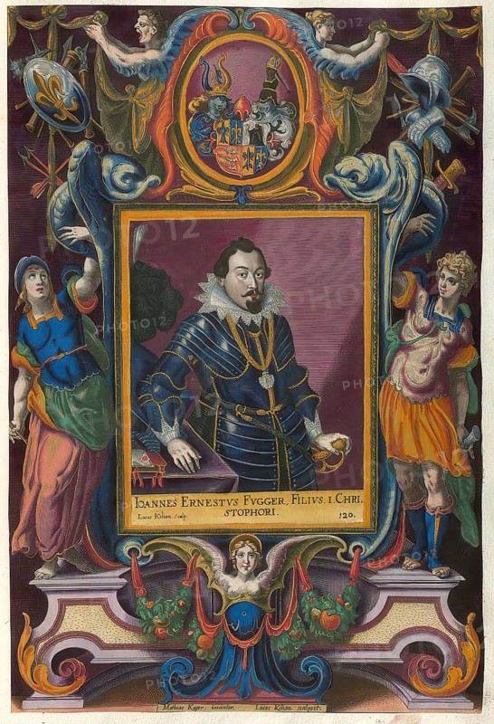 Members of the famous Augsburg Fugger family, Fugger, Johann Ernst (1590 - 1639), President of the Imperial Court, authentic reproduction from Fuggerorum et Fuggerarum imagines, a collection of coloured engravings made in the late 16th and early 17th century by Dominicus Custos, historical