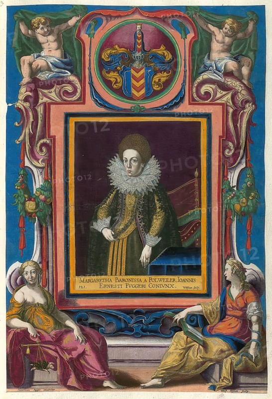 A member of the famous Augsburg Fugger family, Margaretha Polweiler was the mother of the Augsburg merchant and banker Jakob Fugger. She was the daughter of Georg Polweiler and the woman of Johannes Fugger, (1590 - 1658), authentic reproduction from Fuggerorum et Fuggerarum imagines, a collection of coloured engravings made in the late 16th and early 17th century by Dominicus Custos, historical