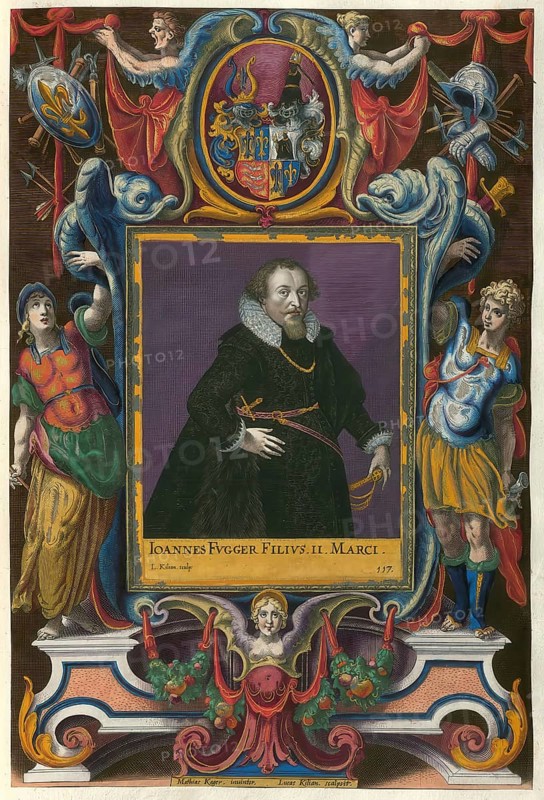 Johannes Fugger or Hans (II) Fugger or Hans Fugger the Younger (born 18 February 1591 in Speyer, died 15 April 1638) was a member of the famous Augsburg Fugger family. April 1638) was lord of Kirchheim in Swabia and Schmiechen, baron, later count, merchant, privy councillor of the city of Augsburg and head of the older Kirchheim line of the Fuggers, authentic reproduction from Fuggerorum et Fuggerarum imagines, a collection of coloured engravings created in the late 16th and early 17th century and made by Dominicus Custos, historical