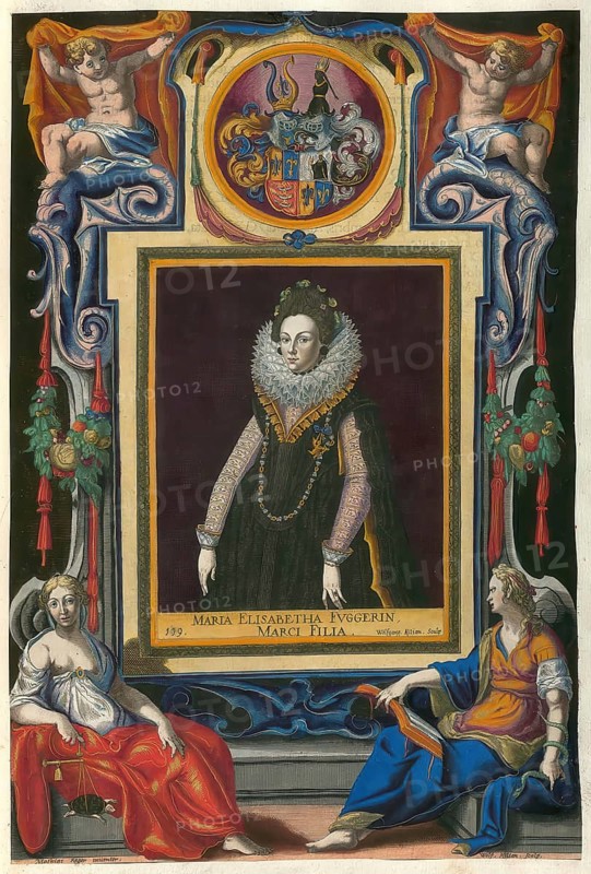 Members of the famous Augsburg Fugger family, Elisabeth Fugger (born 1570), married to Wilhelm von Oettingen-Wallerstein, daughter of Markus Fugger, authentic reproduction from Fuggerorum et Fuggerarum imagines, a collection of coloured copperplate engravings created in the late 16th and early 17th century and made by Dominicus Custos, historical
