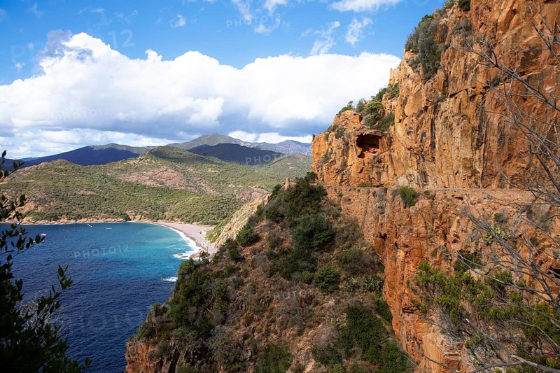 View of the Gulf of Porto and the bizarre rock erosions of the Calanche, Les Calanches de Piana, Corse-du-Sud, Corsica, France