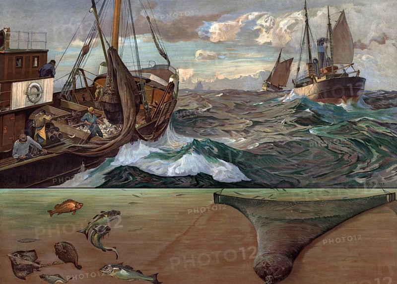Deep-sea fishing, deep-sea fishing in 1913, fishing boats, Atlantic, authentic reproduction of a school mural, historical, exact date unknown