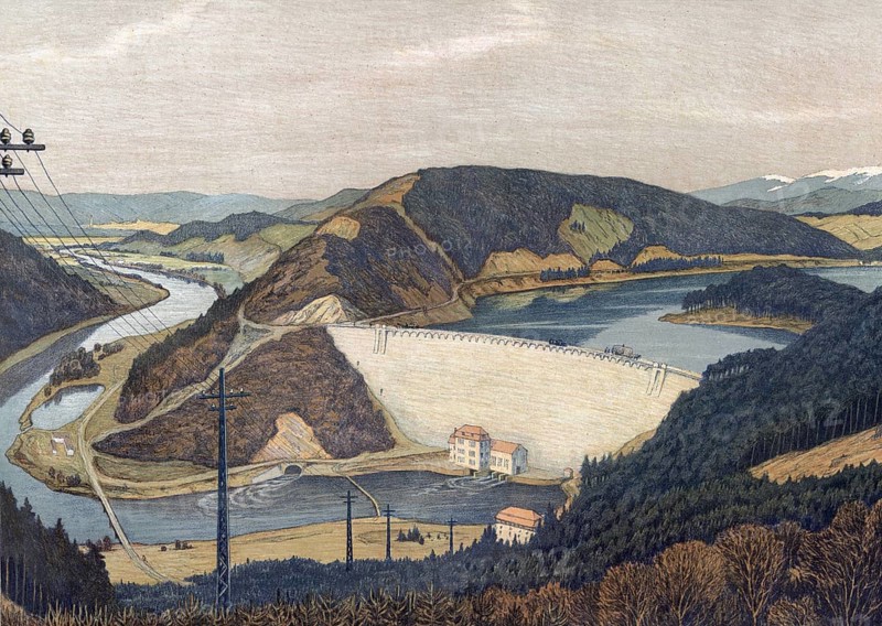 Bober Dam, Pilchowickie Lake, after the nearby town of Pilchowice in Poland, also Bober Dam Wall, Dam Wall or Wall Dam, 1913, authentic reproduction of a school wall painting, historical, exact date unknown
