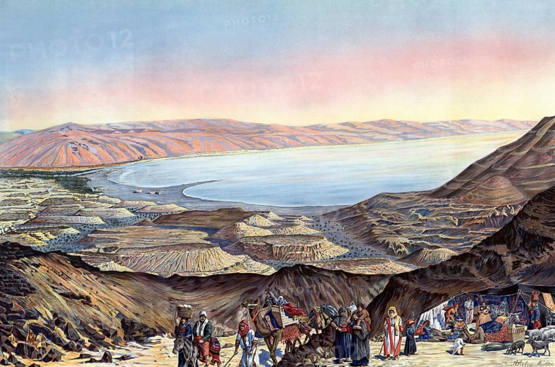 Bedouin camp, 1930, Dead Sea near Jericho, Israel, authentic reproduction of a school mural, historical, exact date unknown
