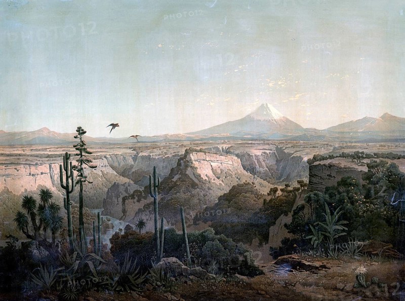 1890, landscape on the Anahuac Plateau with the Citlaltepetl, also Pico de Orizaba, with a height of 5636 m the highest volcano in North America and the highest mountain in Mexico, authentic reproduction of a school mural, historical, exact date unknown