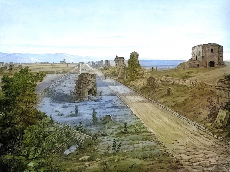 Oldest trunk road built by the Romans, Via Appia in Rome around 1883, Italy, authentic reproduction of a school mural, historical, exact date unknown