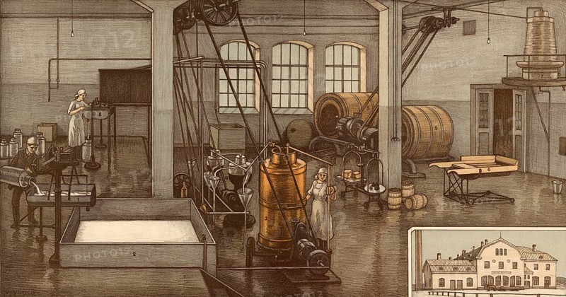 Dairy, dairy, cheese production, dairy farming around 1900, authentic reproduction of a school mural, historical, exact date unknown