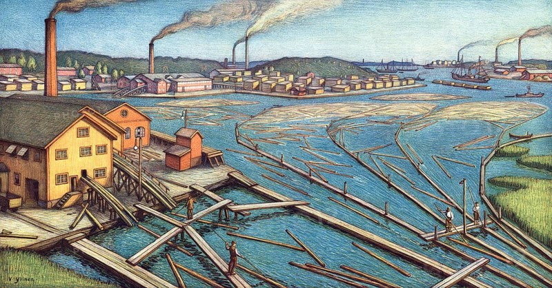 At the mouth of Kymijoki, river in southern Finland, 1900, timber industry, sawmill, logs are transported on the river, authentic reproduction of a school mural, historical, exact date unknown