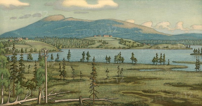 Kuusamo is a town in northeastern Finland, Kuusamo area, 1910, authentic reproduction of a school mural, historical, exact date unknown