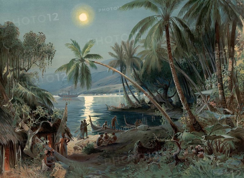 Nighttime with natives on Samoa in Polynesia, around 1905, authentic reproduction of a school mural, historical, exact date unknown