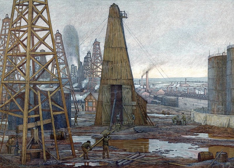 Drilling rigs for oil production in Texas around 1913, America, authentic reproduction of a school mural, historical, exact date unknown