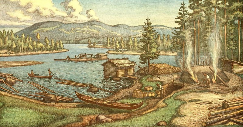 From Kainuu, Fran Qvanland, 1900, lumberjack, trading post, Finland, authentic reproduction of a school mural, historical, exact date unknown