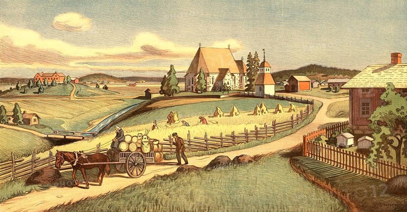 Nousiaisten Kirkonkylä, Nousiainen church village in the Varsinais-Suomi region in southwestern Finland, known for its historic stone church, 1910, authentic reproduction of a school mural, historical, exact date unknown