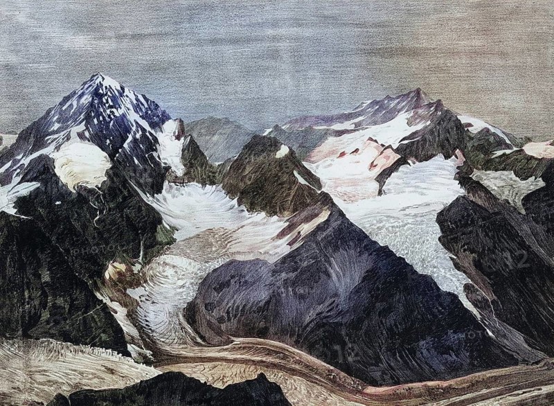 View of Dent Blanche, a largely ice-free mountain peak in the Valais Alps, in the south of the canton of Valais, Switzerland, authentic reproduction of a school wall painting, historic, around 1900