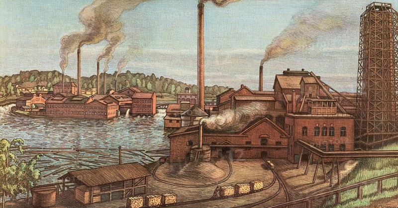 Cellulose production, paper mill around 1900, Denmark, authentic reproduction of a school mural, historical, exact date unknown