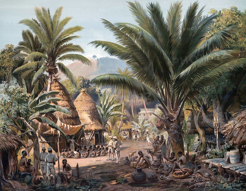 Village in Cameroon, natives and German troops in one place, German colony, 1905, authentic reproduction of a school mural, historical, exact date unknown