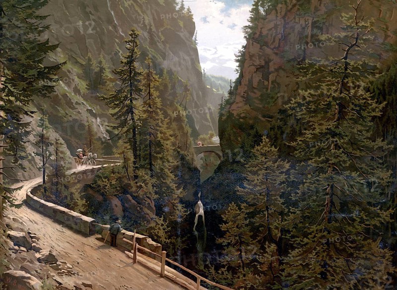 Via Mala, historically notorious section of trail, in 1890, Grisons, Switzerland, authentic reproduction of a school mural, historical, exact date unknown