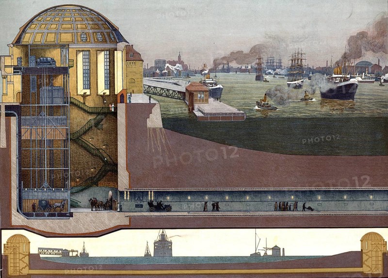 Elbe Tunnel, Elbe Tunnel, Hamburg Steinwärder, 1913, Germany, authentic reproduction of a school mural, historical, exact date unknown