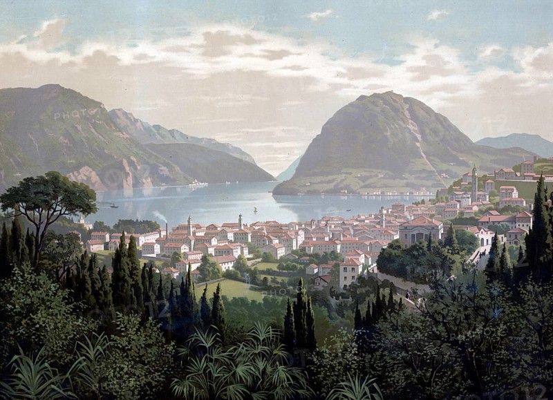 View of the city of Lugano and Lake Lugano, 1890, Switzerland, authentic reproduction of a school mural, historical, exact date unknown