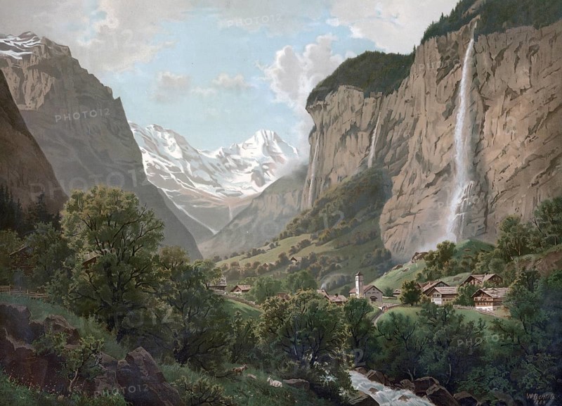 Lauterbrunnen with the 300 m high Staubbach Falls, 1890, Switzerland, authentic reproduction of a school mural, historical, exact date unknown
