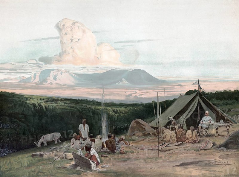 Research camp with natives, German East Africa, today Tanzania, 1905, authentic reproduction of a school mural, historical, exact date unknown