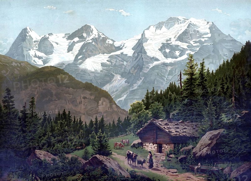 Eiger, Mönch and Jungfrau, Alps, 1891, Bernese Alps, Switzerland, authentic reproduction of a school mural, historical, exact date unknown