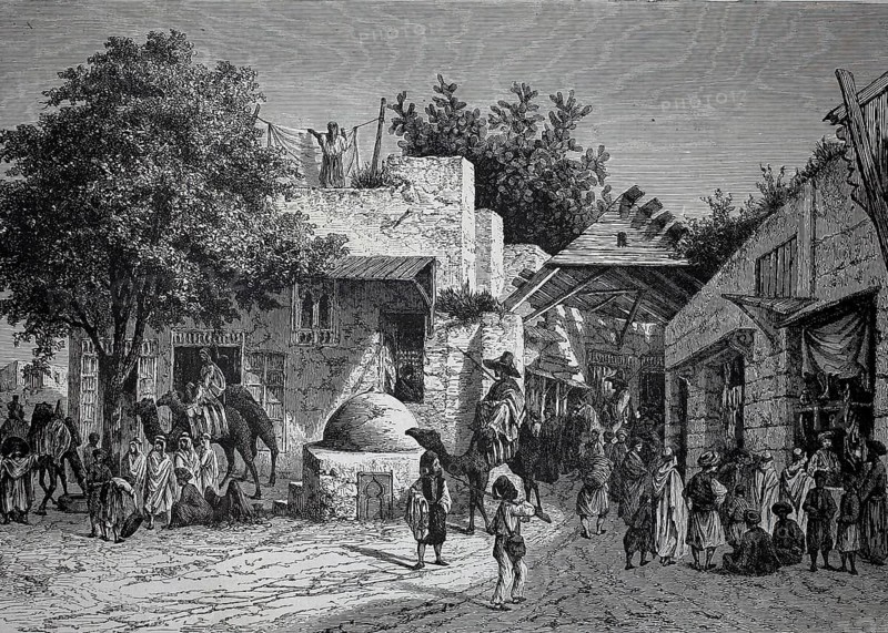 Scene in the Tunis bazaar, customers and dealers, camels, around 1880, Tunisia, lively market scene with people and camels in an oriental setting, historic, authentic, digitally restored reproduction of a model from the 19th century, record date not stated